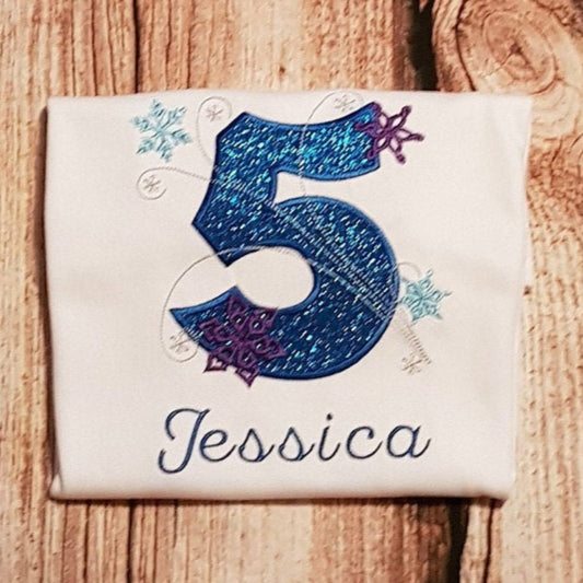 Childrens snowflake birthday tshirt, Childs personalised embroidered birthday shirt