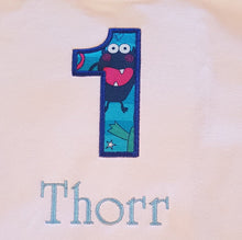 Load image into Gallery viewer, Personalised Monster birthday tshirt, childs embroidered birthday shirt
