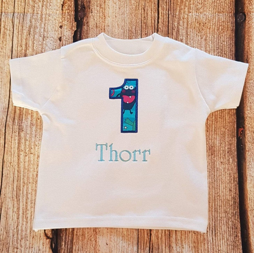 Personalised Monster birthday tshirt, childs embroidered birthday shirt