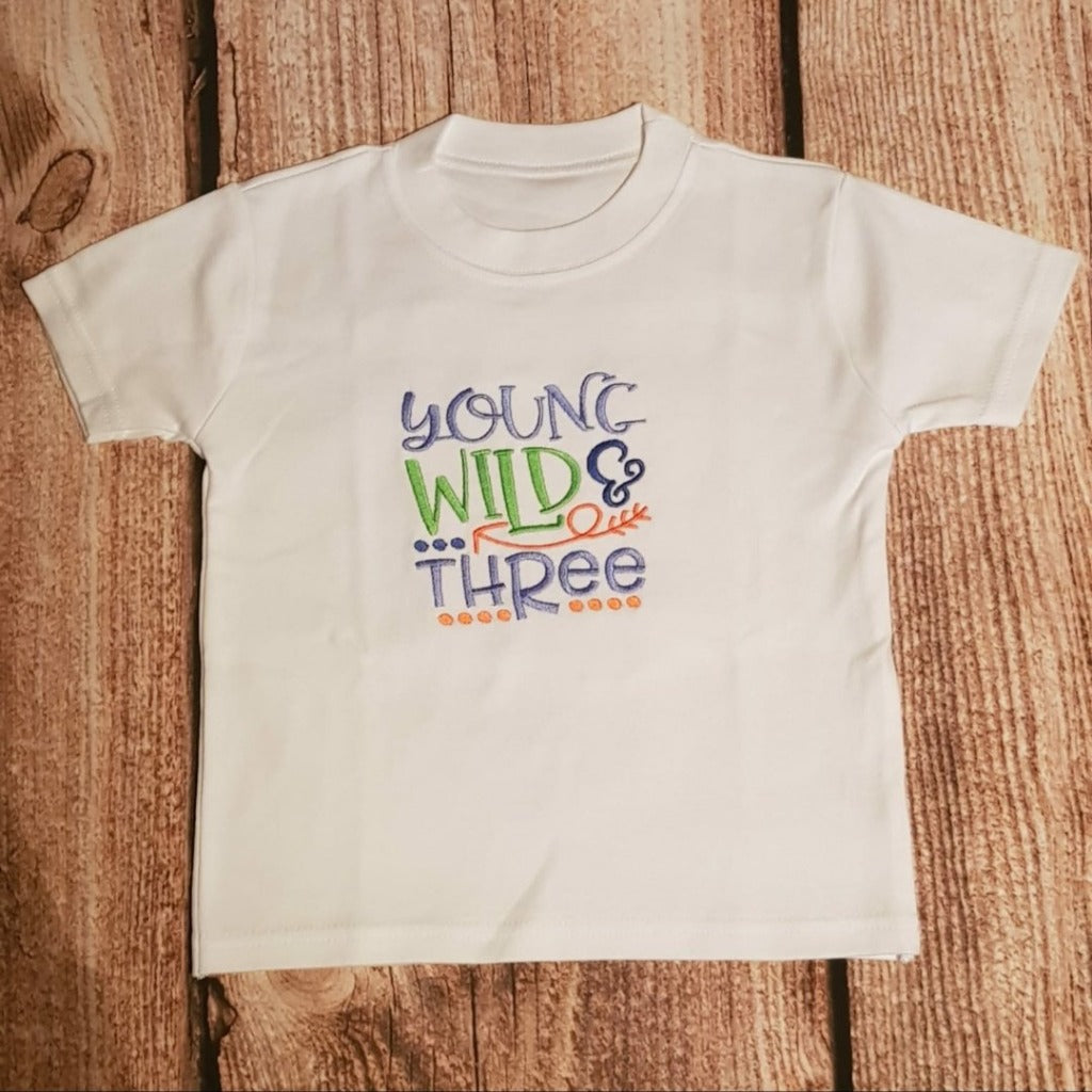 Boys three year old embroidered birthday tshirt, young wild and three shirt