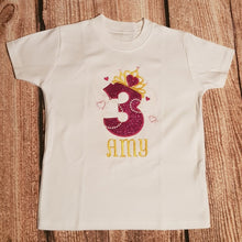 Load image into Gallery viewer, Childrens personalised Princess birthday shirt, number with tiara, hearts and pearls birthday tshirt
