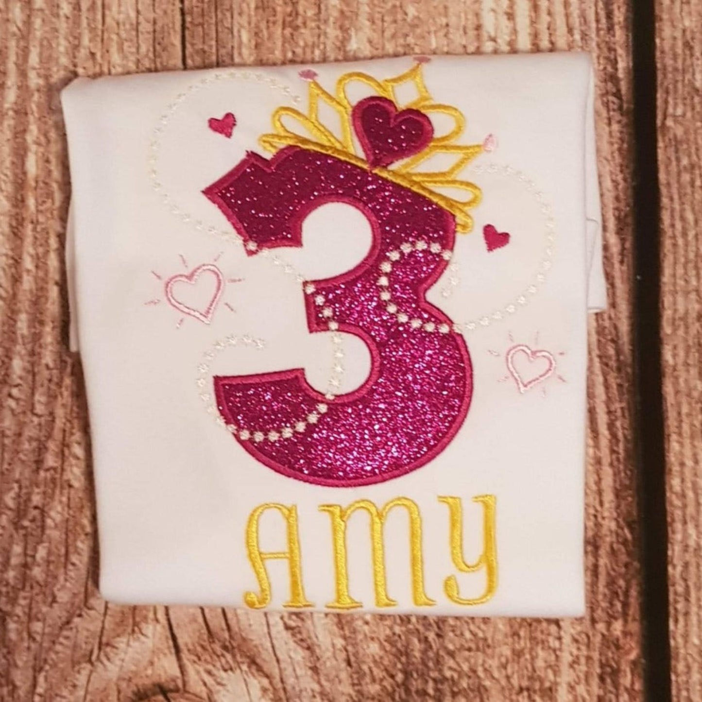 Childrens personalised Princess birthday shirt, number with tiara, hearts and pearls birthday tshirt
