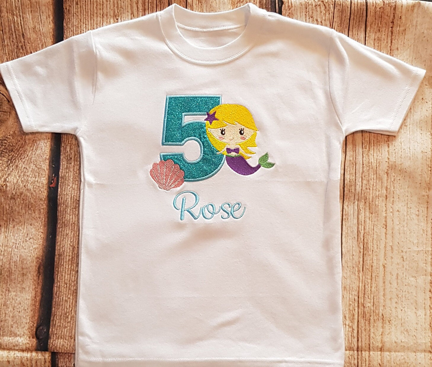 Childrens mermaid birthday tshirt, kids birthday top, childs embroidered birthday tee, personalised birthday outfit, 1,2,3,4,5,6,7,8 years