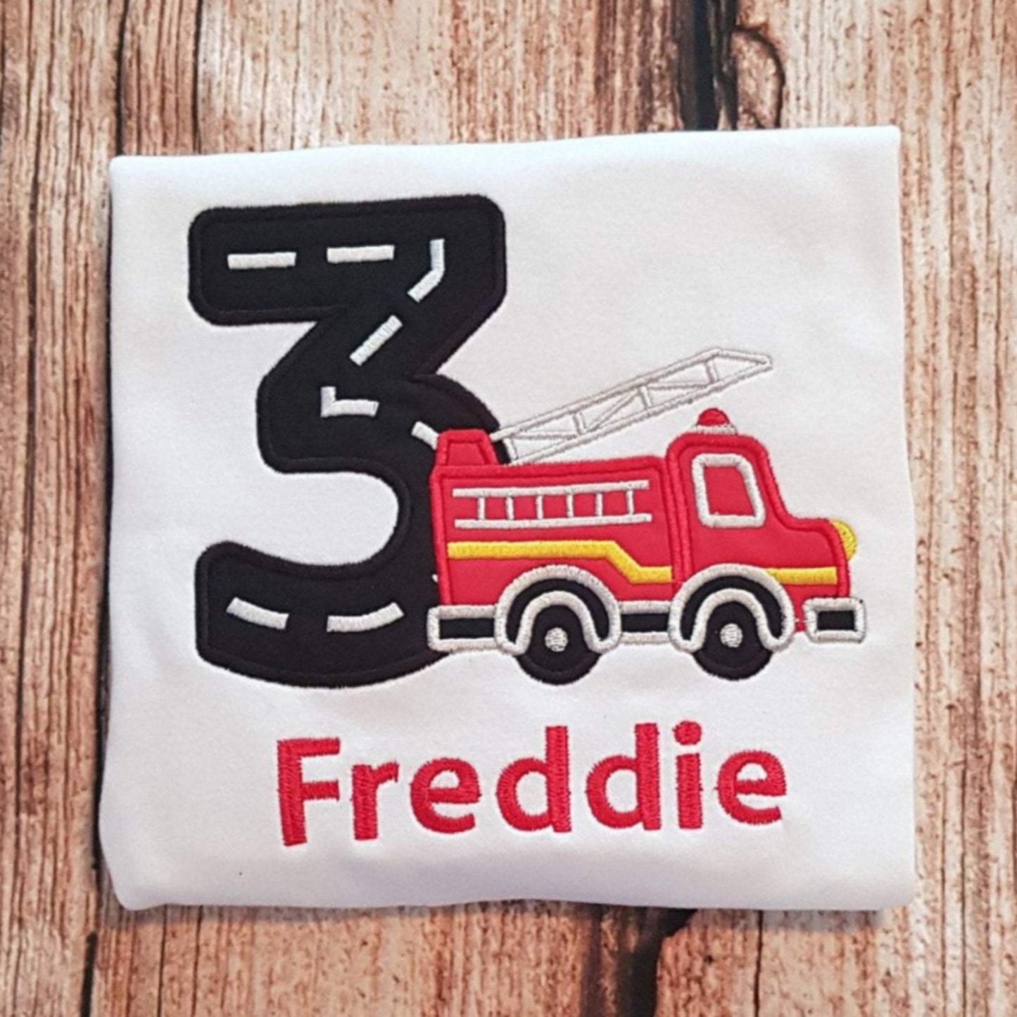 Childrens personalised birthday tshirt, embroidered fire engine shirt
