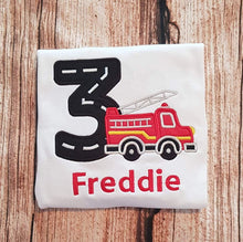 Load image into Gallery viewer, Childrens personalised birthday tshirt, embroidered fire engine shirt
