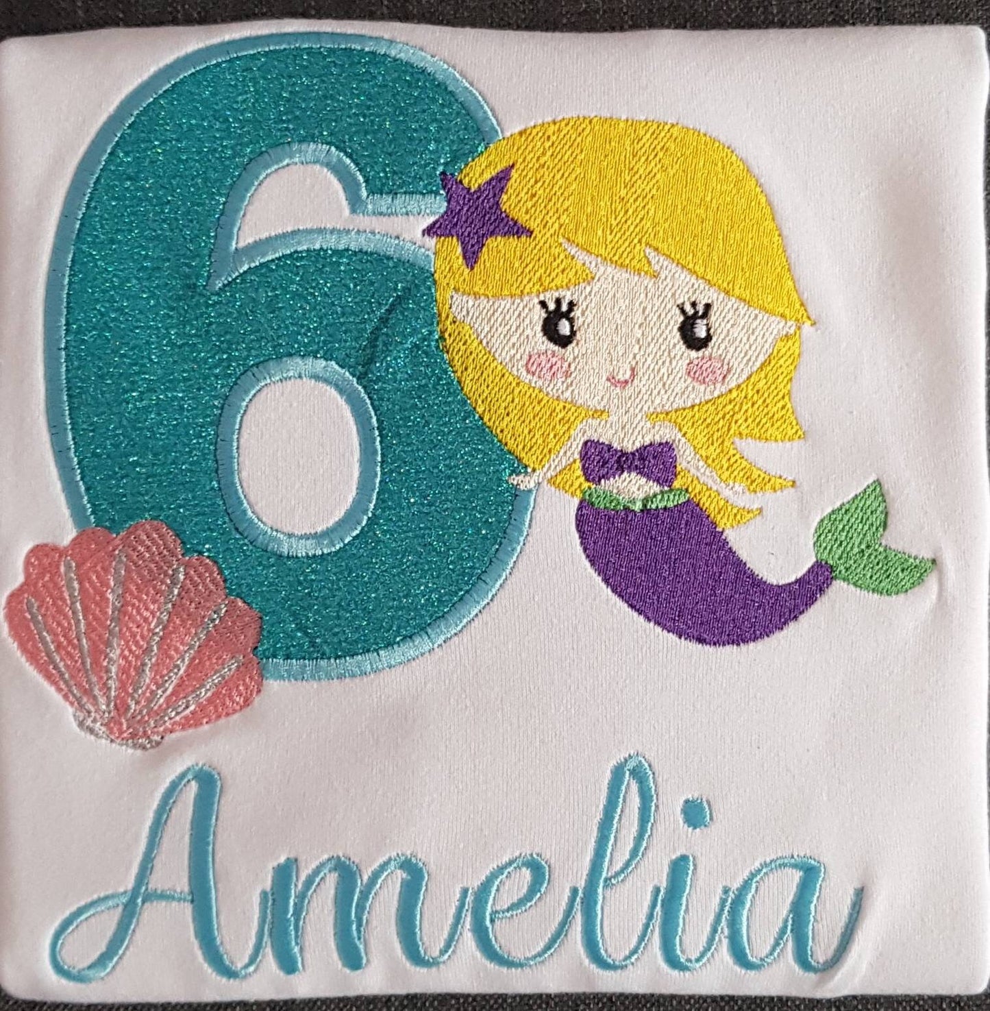 Childrens mermaid birthday tshirt, kids birthday top, childs embroidered birthday tee, personalised birthday outfit, 1,2,3,4,5,6,7,8 years