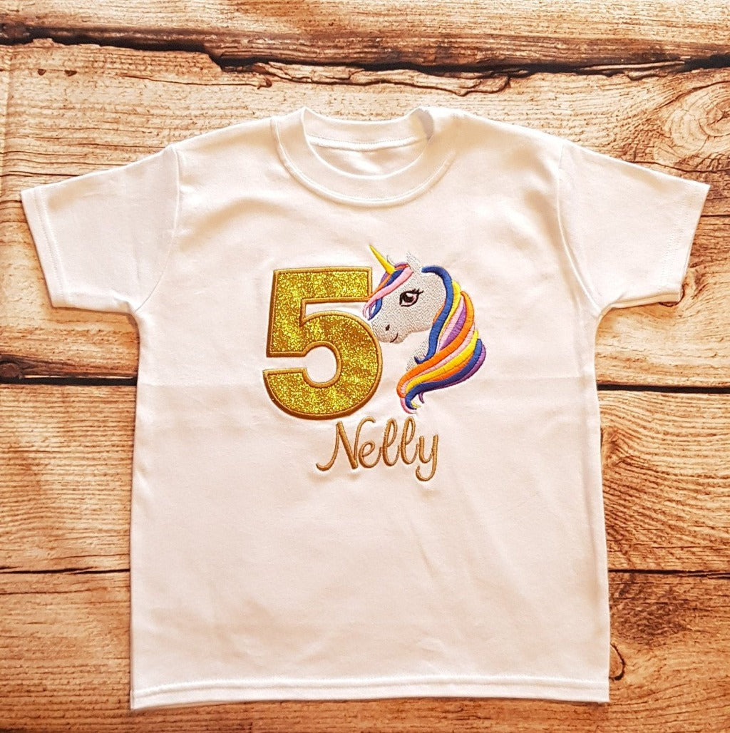 Childrens unicorn birthday tshirt, Childs personalised birthday shirt
