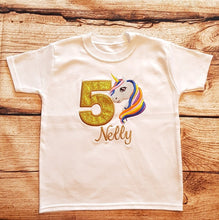 Load image into Gallery viewer, Childrens unicorn birthday tshirt, Childs personalised birthday shirt
