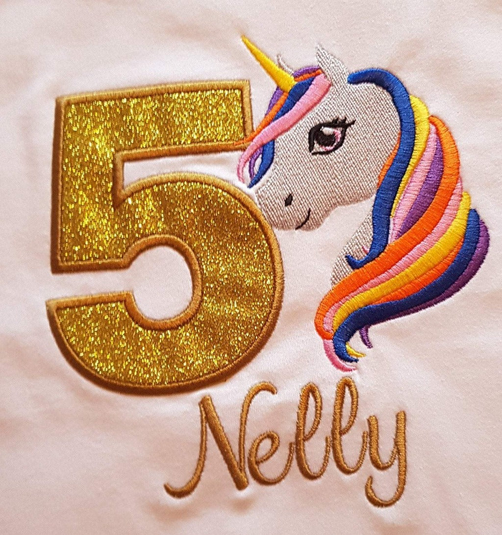 Childrens unicorn birthday tshirt, Childs personalised birthday shirt