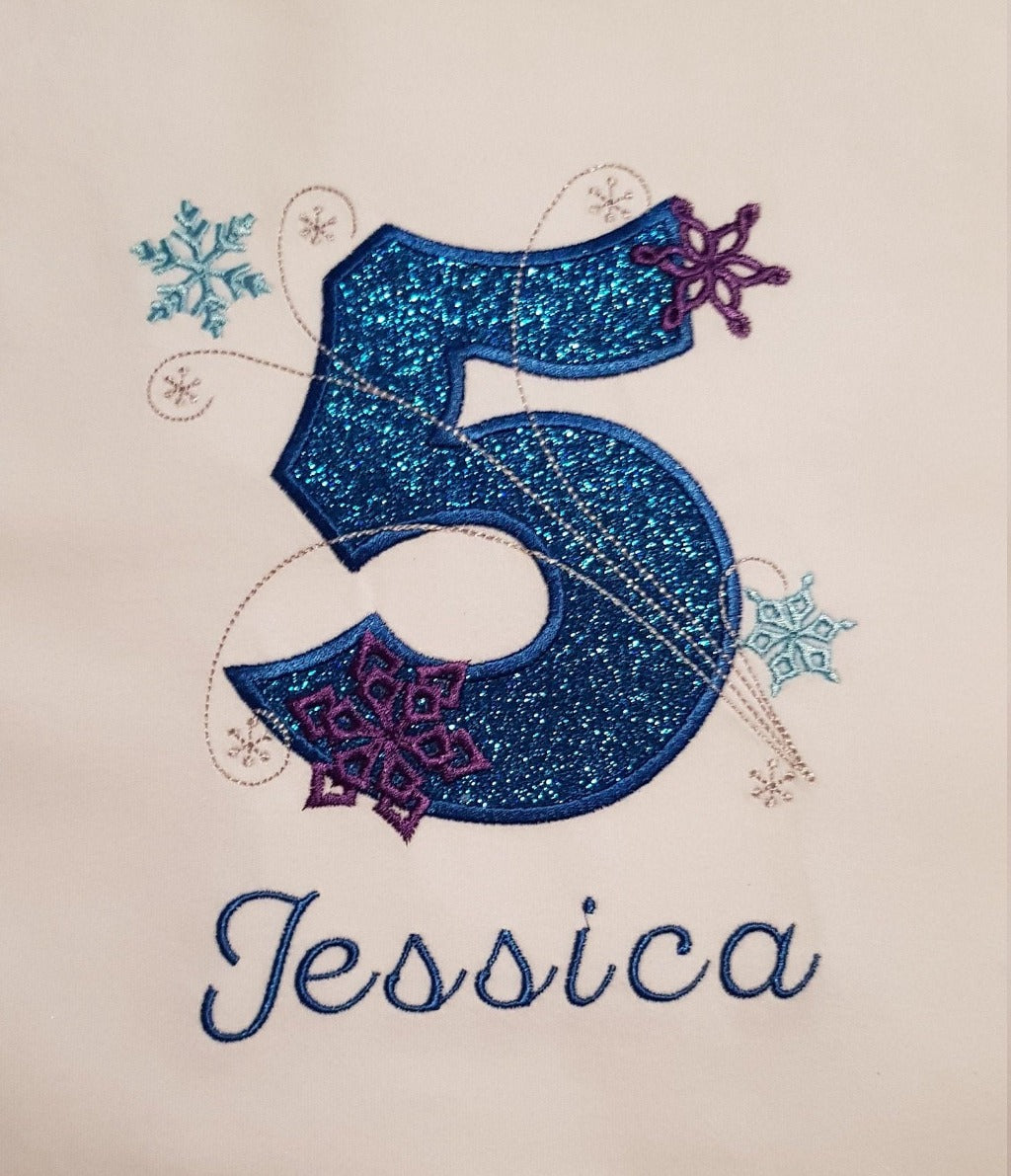 Childrens snowflake birthday tshirt, Childs personalised embroidered birthday shirt