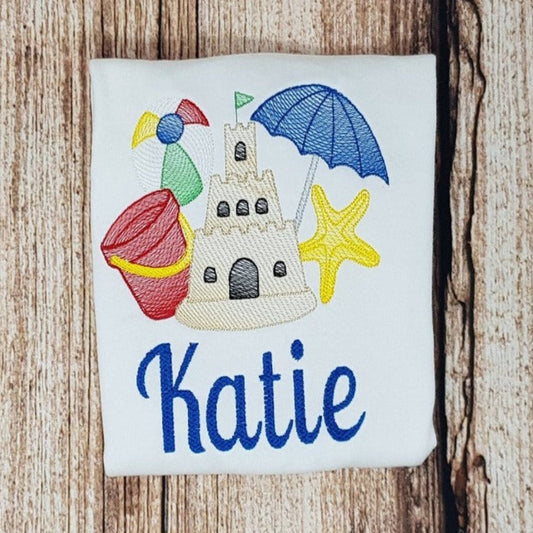 Childrens personalised summer tshirt, Childs embroidered seaside shirt,
