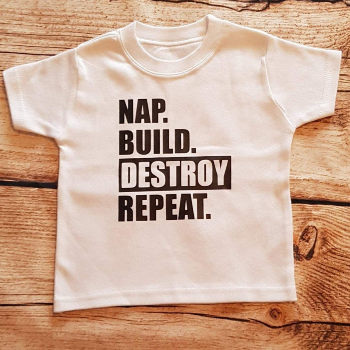 Childrens vinyl tshirt, nap, build, destroy, repeat,