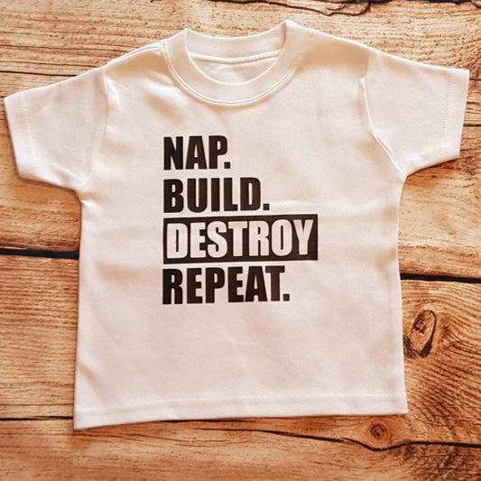 Childrens vinyl tshirt, nap, build, destroy, repeat,