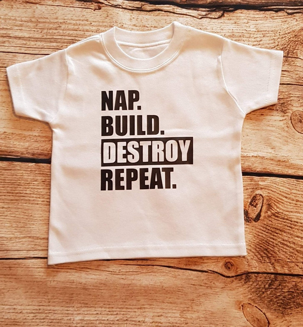 Childrens vinyl tshirt, nap, build, destroy, repeat,