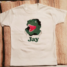 Load image into Gallery viewer, Childrens personalised dinosaur tshirt, embroidered dinosaur tshirt
