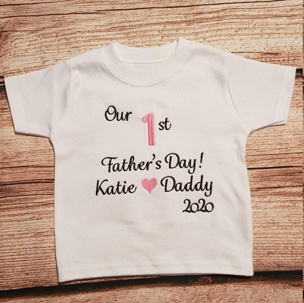 Childrens personalised first fathers day tshirt, Childs embroidered 1st fathers day shirt