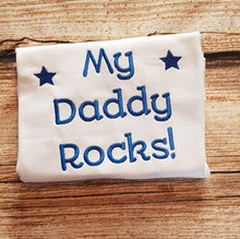 Load image into Gallery viewer, Childrens fathers day tshirt, embroidered my daddy rocks shirt,
