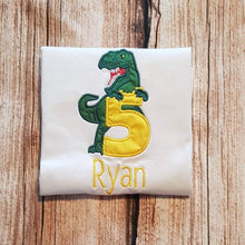 Load image into Gallery viewer, Childrens personalised dinosaur birthday tshirt, Embroidered childrens dino shirt
