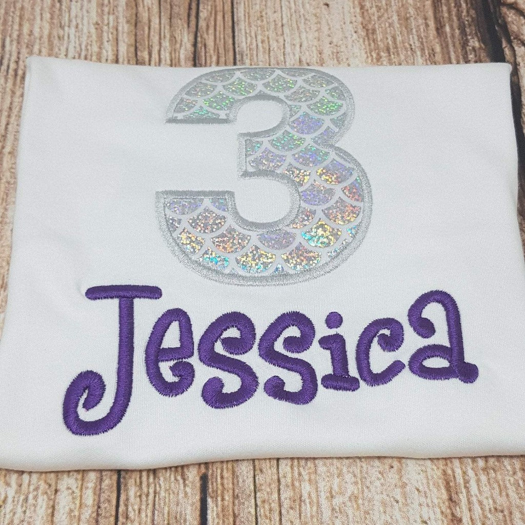 Childrens mermaid birthday tshirt, Childs embroidered birthday shirt
