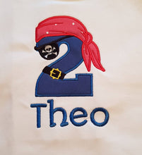 Load image into Gallery viewer, Chilldrens personalised pirate birthday tshirt, childs embroidered birthday shirt
