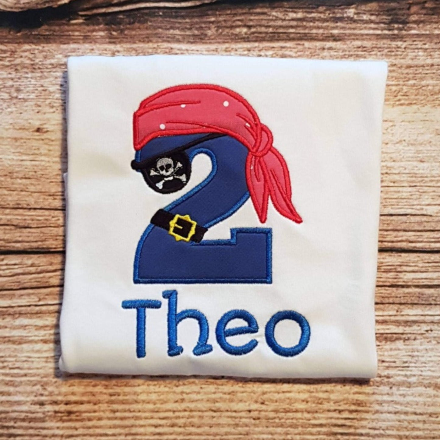 Chilldrens personalised pirate birthday tshirt, childs embroidered birthday shirt