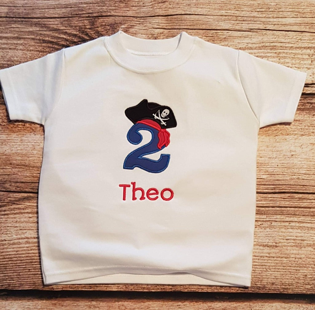 Chilldrens personalised pirate birthday tshirt, childs embroidered birthday shirt