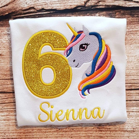Childrens unicorn birthday tshirt, Childs personalised birthday shirt