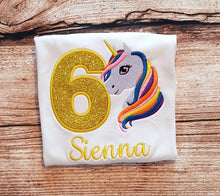 Load image into Gallery viewer, Childrens unicorn birthday tshirt, Childs personalised birthday shirt
