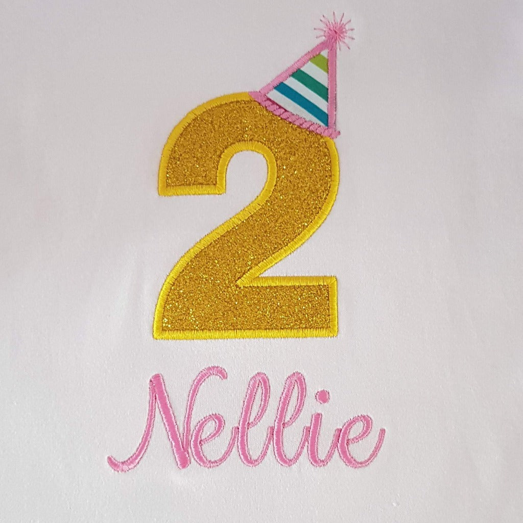 Childrens personalised birthday tshirt, childs embroidered birthday shirt, number wearing a birthday hat