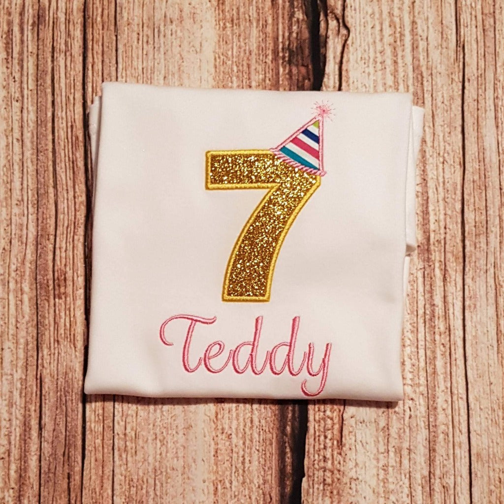 Childrens personalised birthday tshirt, childs embroidered birthday shirt, number wearing a birthday hat