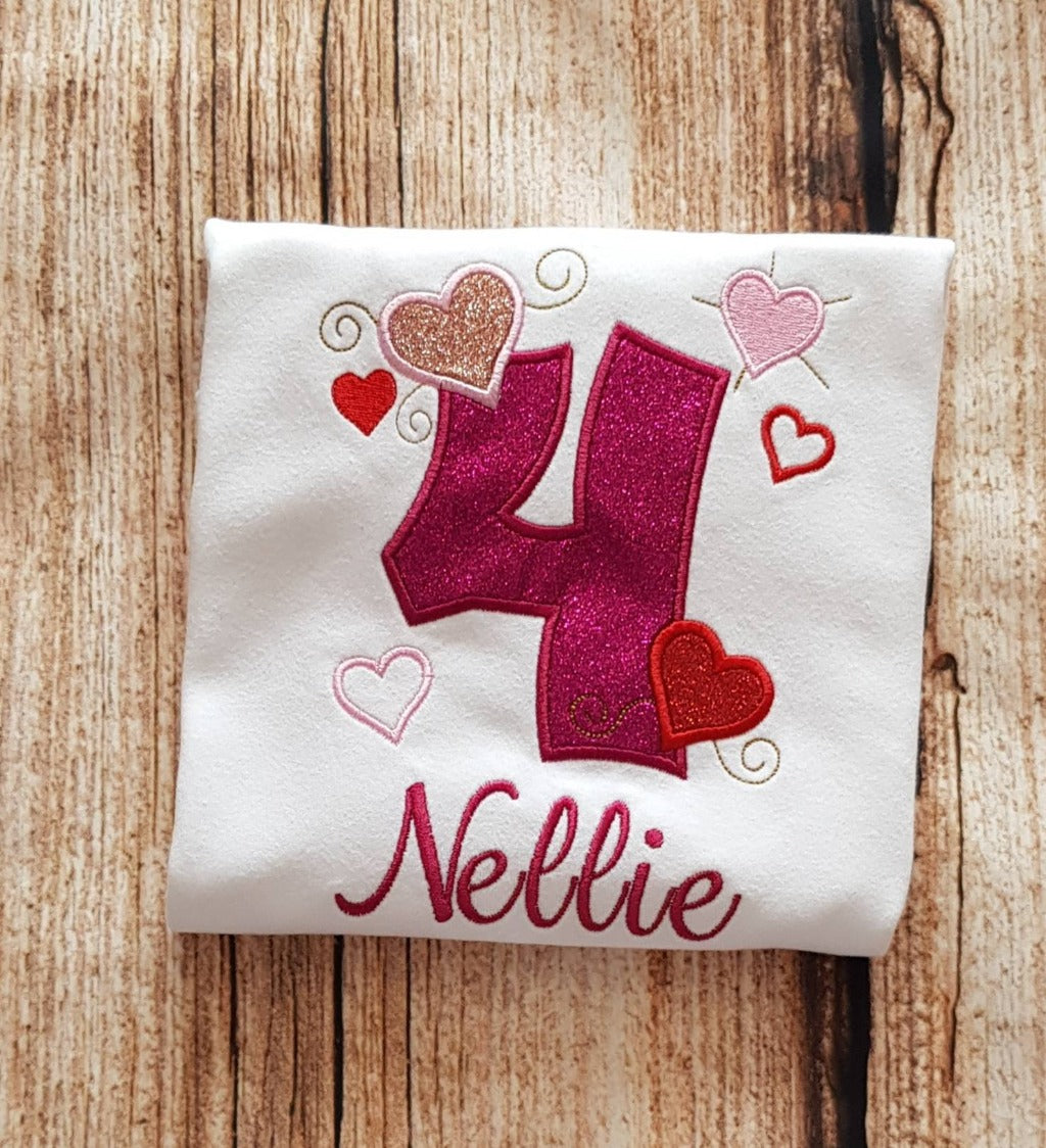 Childrens personalised heart birthday tshirt, childs embroidered birthday shirt