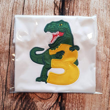 Load image into Gallery viewer, Childrens personalised dinosaur birthday tshirt, Embroidered childrens dino shirt
