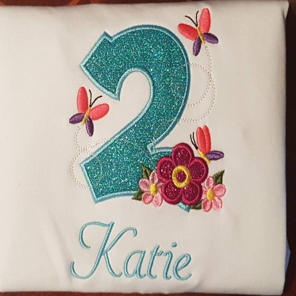 Butterflies and flowers birthday tshirt, Childrens personalised birthday shirt