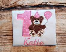 Load image into Gallery viewer, Childrens personalised birthday tshirt, childs teddy bear with balloon embroidered birthday shirt
