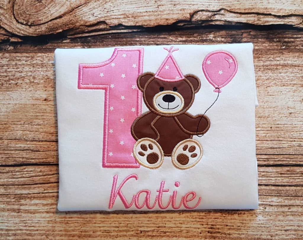 Childrens personalised birthday tshirt, childs teddy bear with balloon embroidered birthday shirt