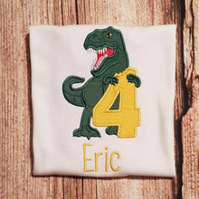 Load image into Gallery viewer, Childrens personalised dinosaur birthday tshirt, Embroidered childrens dino shirt
