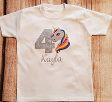 Load image into Gallery viewer, Childrens unicorn birthday tshirt, Child&#39;s personalised birthday shirt
