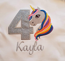 Load image into Gallery viewer, Childrens unicorn birthday tshirt, Child&#39;s personalised birthday shirt
