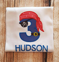 Load image into Gallery viewer, Chilldrens personalised pirate birthday tshirt, childs embroidered birthday shirt
