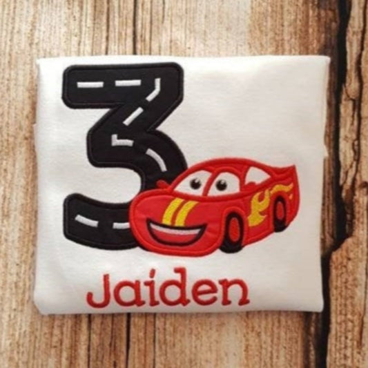 Personalised Racing car birthday tshirt, childs embroidered birthday shirt