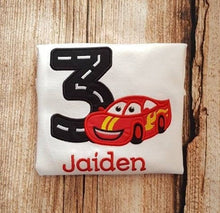 Load image into Gallery viewer, Personalised Racing car birthday tshirt, childs embroidered birthday shirt
