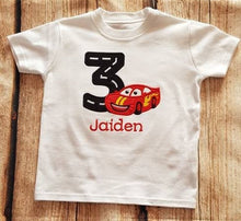 Load image into Gallery viewer, Personalised Racing car birthday tshirt, childs embroidered birthday shirt
