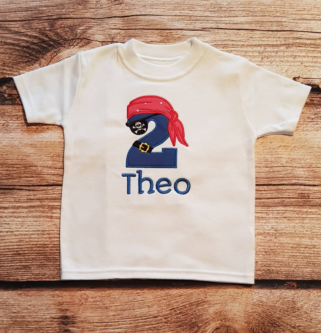 Chilldrens personalised pirate birthday tshirt, childs embroidered birthday shirt