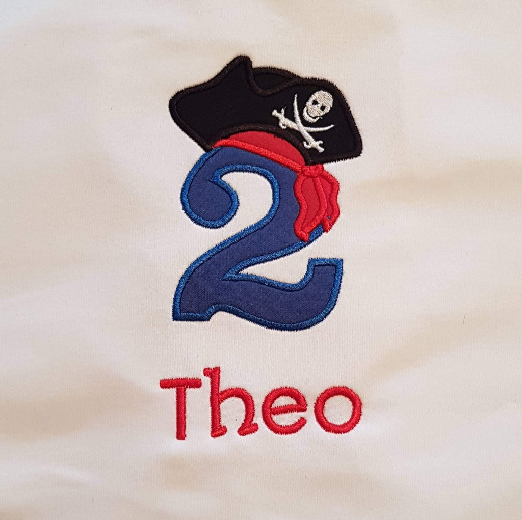 Chilldrens personalised pirate birthday tshirt, childs embroidered birthday shirt