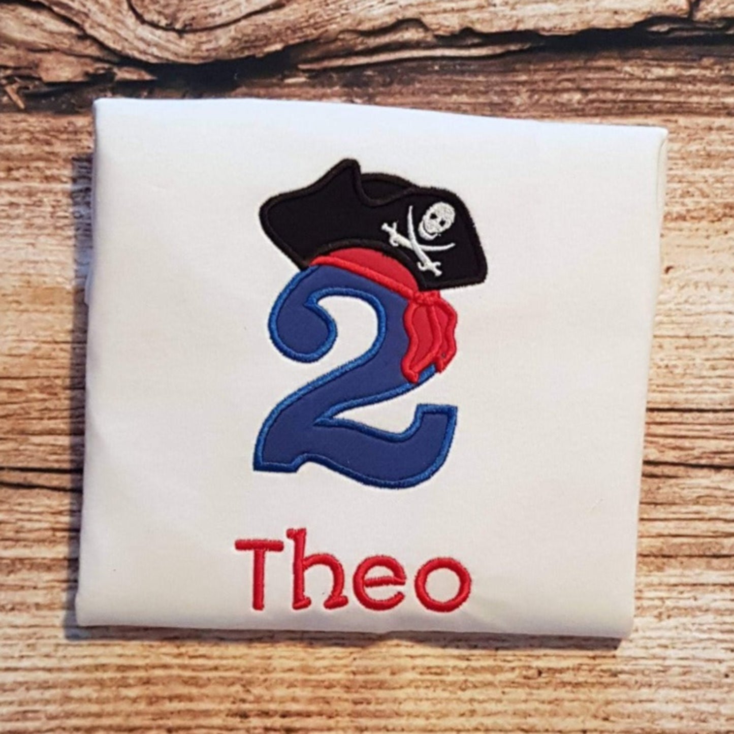 Chilldrens personalised pirate birthday tshirt, childs embroidered birthday shirt