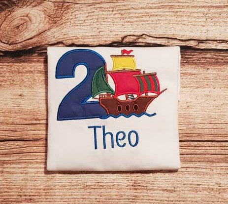 Chilldrens personalised pirate ship birthday tshirt, childs embroidered birthday shirt