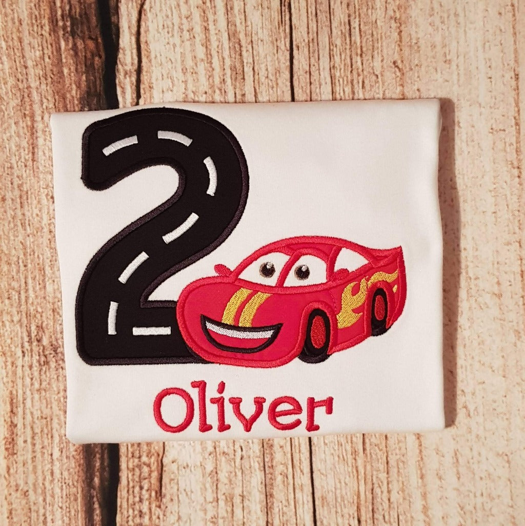 Personalised Racing car birthday tshirt, childs embroidered birthday shirt