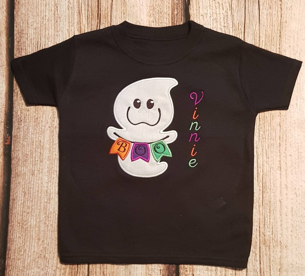 Childrens personalised Halloween tshirt, Childs embroidered ghost shirt