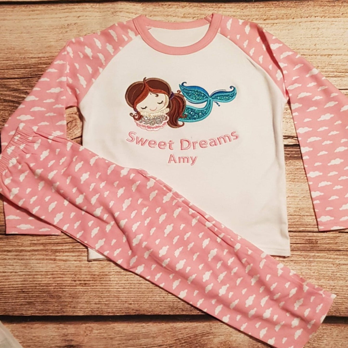childrens personalised mermaid pyjamas, childs embroidered mermaid pjs