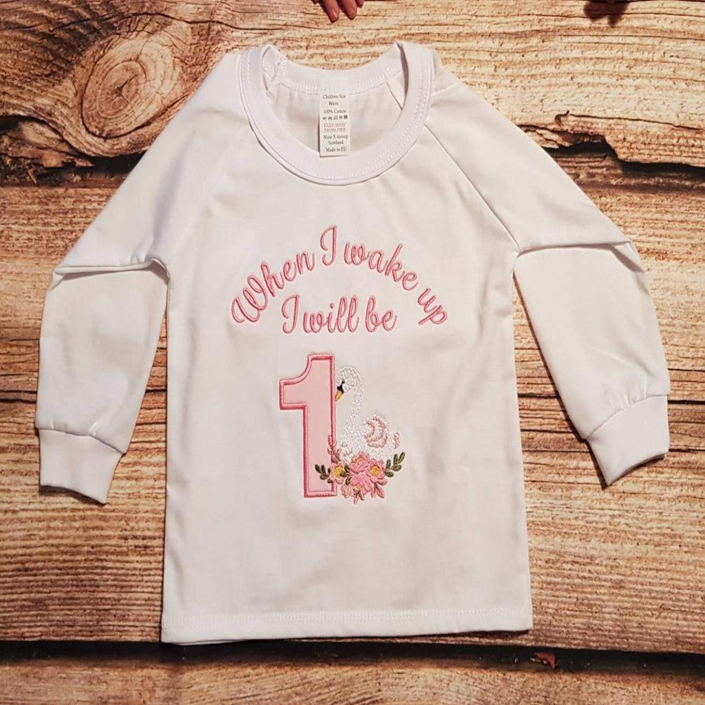 childrens personalised birthday pjs, childs embroidered swan pyjamas